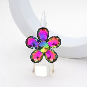 MultiColored Vitrail Gold Green Pink Cluster Crystal Stretch Flower Ring